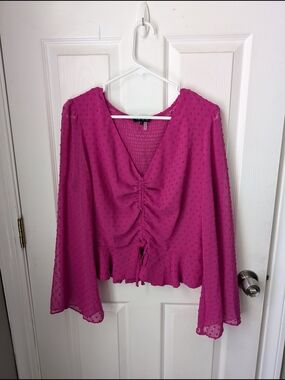 1. State Fuchsia Textured V-Neck Drawstring Blouse
